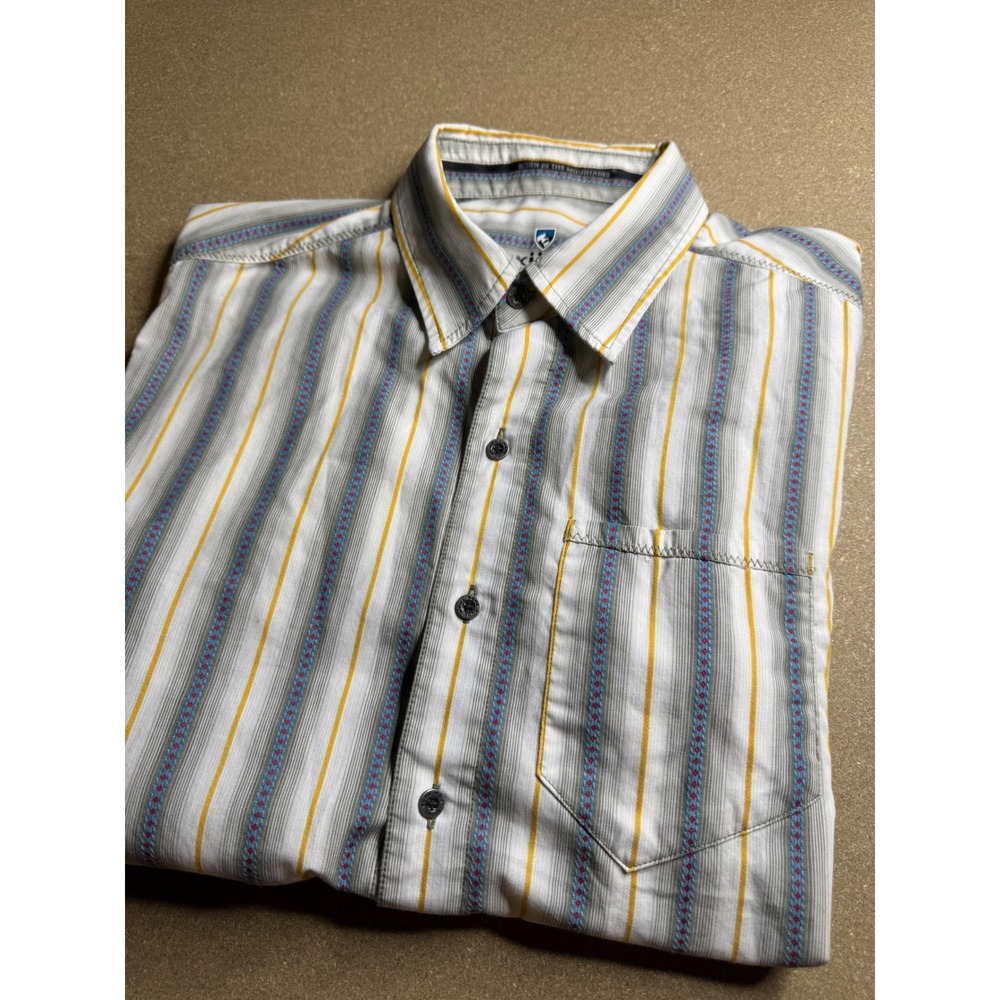 Kuhl Mens Short Sleeve Button Up Shirt Medium Striped Embroidered Hiking Outdoor